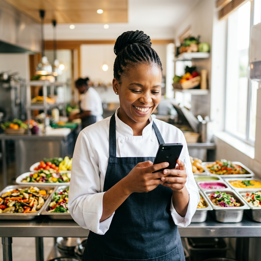 A caterer in chef whites smiling at her phone beside trays of colourful food