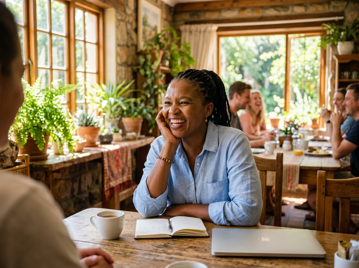 A guesthouse owner laughing at a wooden table with a notebook, a coffee and a closed laptop, guests chatting behind her