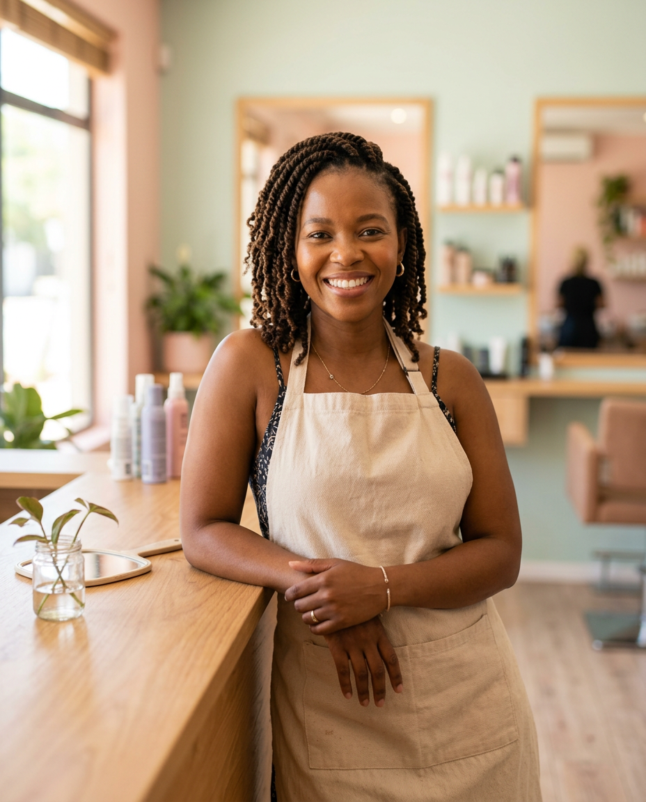 A smiling salon owner in a plain apron leaning on her counter
