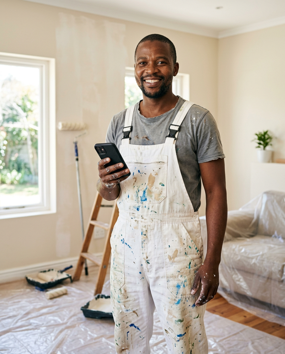 A painter in paint-splattered overalls smiling and holding his phone in a room being painted