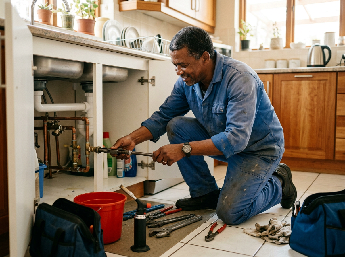 Sample homepage photo: a plumber smiling while fixing a pipe under a kitchen sink